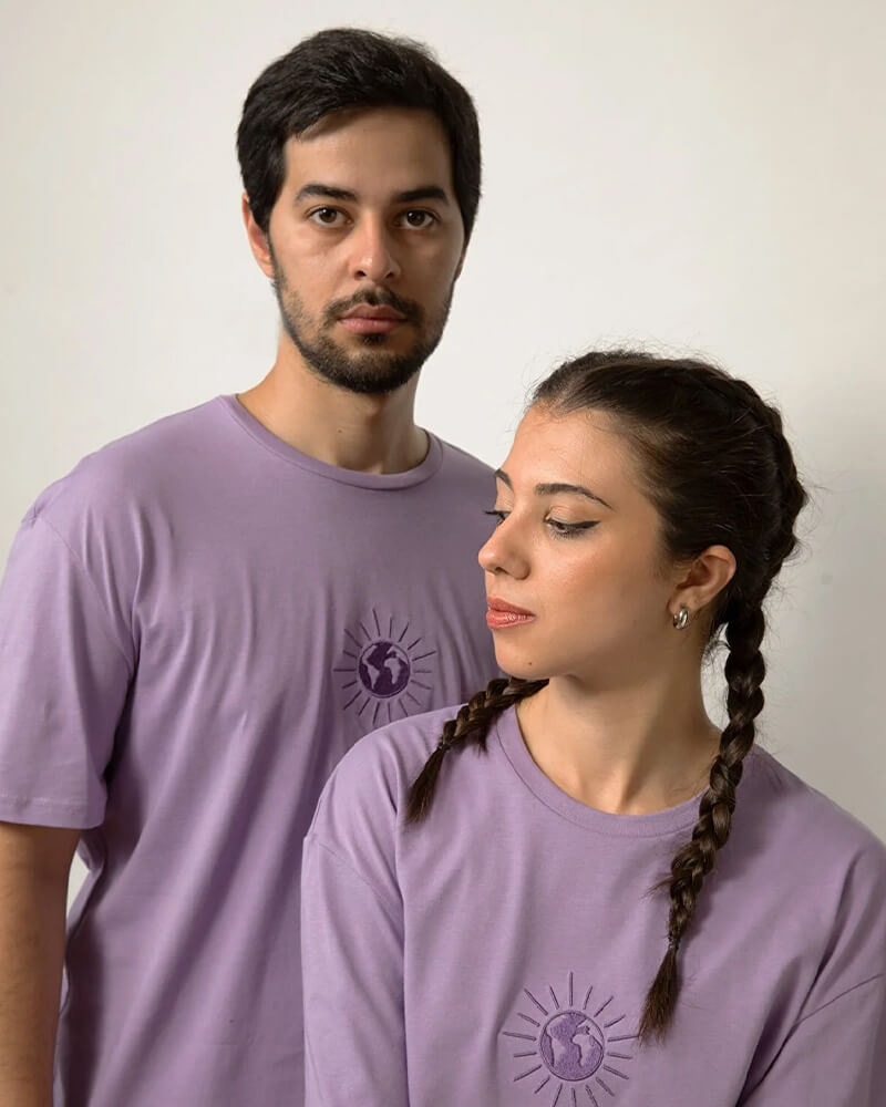 Relaxed Fit Nakışlı Pamuk Lila Tişört GÜNYA