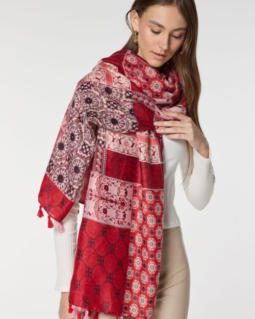 Etnik Desenli Kırmızı Trend Şal, Kışlık Sıcak Şal, Yumuşak Kalınlaştırılmış Pamuk Şal/Boyunluk/Atkı , Kalın Ekstra Trend Şal