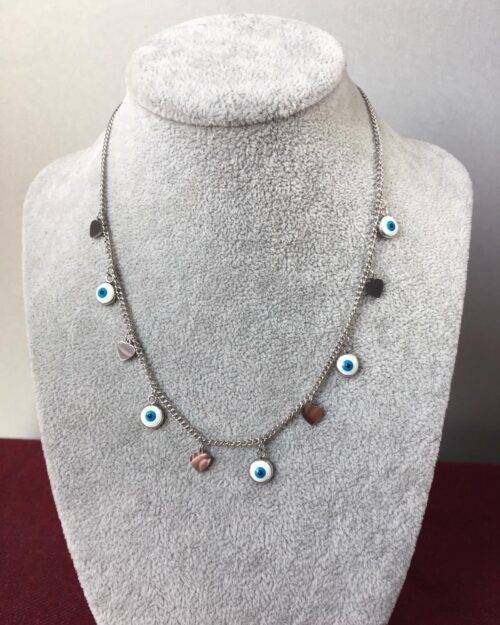 Paslanmaz ve Kararmaz Çelik Kalp ve Göz Detaylı Gümüş Kolye