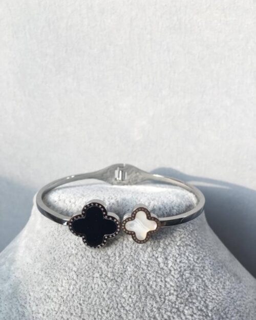 Paslanmaz Ve Kararmaz Çelik, Siyah-Beyaz Yonca Bileklik, Bronze Kelepçe