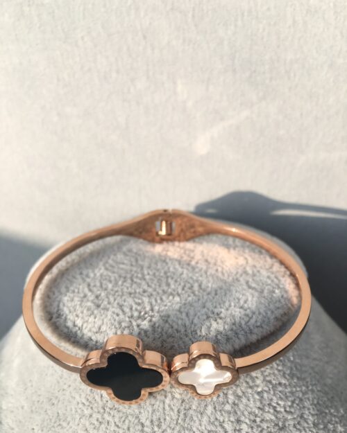 Paslanmaz Ve Kararmaz Çelik, Siyah-Beyaz Yonca Bileklik, Bronze Kelepçe